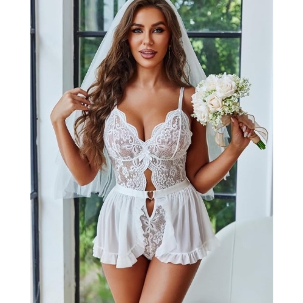 Sexy Lace Bodysuit One Piece Teddy Lingerie Deep V Mesh Nightgown White - Picture 3 of 6